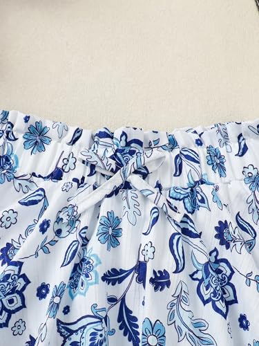 Image of Girls Holiday Skirt Floral Boho Summer Elastic Waist Flared A-Line Skirts with Shorts Underneath Blue 9-10 Years