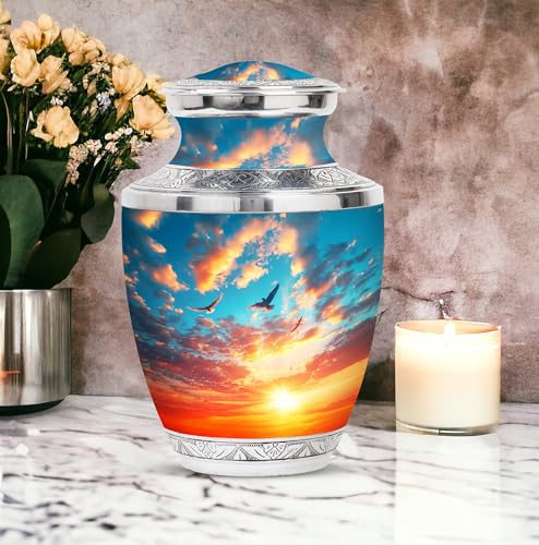 Image of Sunset Sky Cremation Urns For Adult Ashes Women - Large Decorative Urn - Personalized Urn For Ashes Adult Male - Burial Urn For Ashes For Men - Customized Urn - 10 Inch Large With Velvet Bag