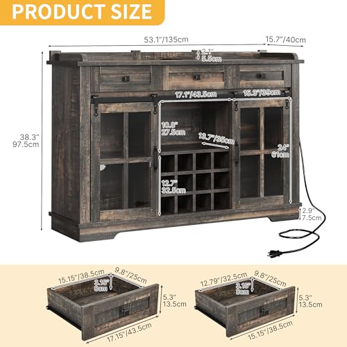 DWVO 53" Farmhouse Coffee Bar Cabinet, Sideboard Storage Cabinets Buffet Cabinet with Storage, 3 Drawers & Sliding Barn Door for Kitchen & Living Room, Dark Rustic Oak