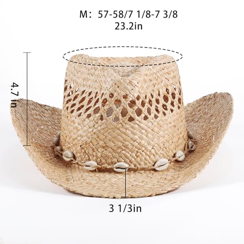 Image of Men's Cowboy Hats Summer Women Beach Cowgirl Hat Raffia Unisex Western Sun Hat