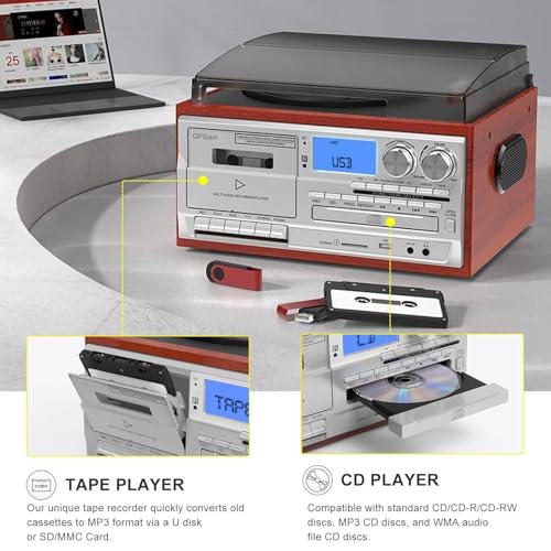 Giradischi Bluetooth con altoparlanti integrati, lettore di dischi in vinile a 3 velocità, riproduzione di CD e cassette, copertura antipolvere satinata, rumore ridotto per l'audio domestico