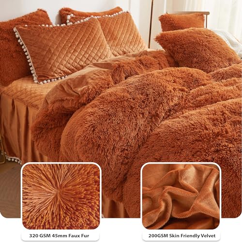 Image of LIFEREVO Terracotta Plush Shaggy Duvet Cover Set, Soft Velvet Fluffy Comforter Quilt Cover Bedding Set(1 Faux Fur Fuzzy Duvet Cover + 2 Pompoms Pillow Cases), Zipper Closure(King, Burnt Orange)