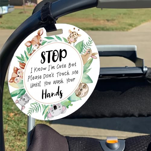 Image of 2 Pack Animals Do Not Touch Signs Stroller Tag Greenery No Touching Car Seat Signs Watercolour Stop Touching Safety Sign Wash Your Hands Carseat Tags for Carriage Stroller Backpacks