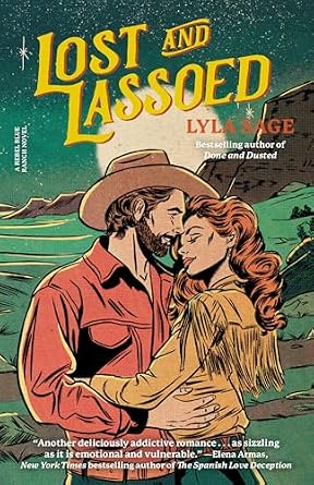 Lost and Lassoed by Lyla Sage, depicting a cowboy and woman with red hair embracing in front of a background depicting a full moon and mountain range.