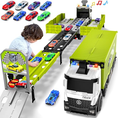 Image of Carrier Truck Race Track Boys Toys, Foldable 3 Layer Car Race Track Playset, Toy Truck Transport Car Carrier & 8 Race Cars, Truck Car Kids Toys for Age 3 4 5 6+ Years Old Boys Girls