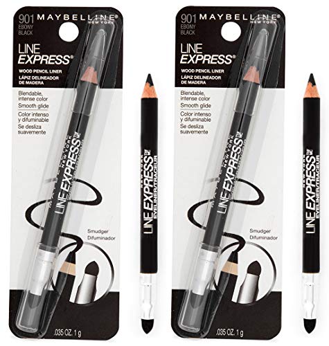 Line Express Wood Pencil Eyeliner (Ebony Black) (Pack of 2), Intense, Blendable Color, All-Day Wear, Smart Tip Smudger