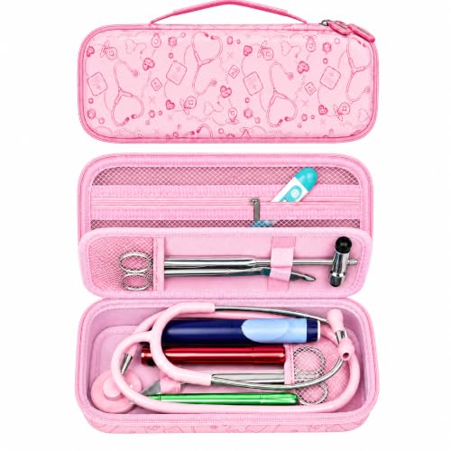 Sacoche de transport rigide pour stéthoscope 3M Littmann avec compartiment en mousse Poche en maille pour accessoires inclus rose