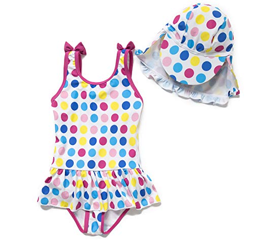 BONVERANO Baby/Toddler Girl UPF 50+ One Piece Swimsuit with Ruffles and Bow (Polka dot, 18-24 Months)
