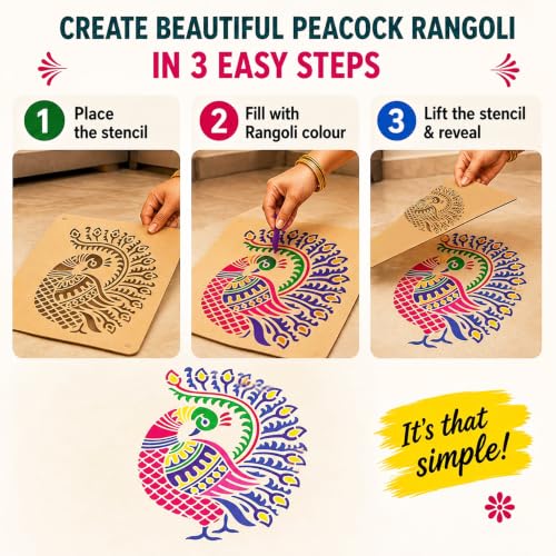 Image of SWAGSTATION Mandala Rangoli Stencils Set Rangoli Stencils Big Size for Floor (Set of 7 Stencil, 6 Rangoli Colors Set, Decorative Stencils Combo 61WS0771) Mandala Rangoli Making Tools Kit, Multi