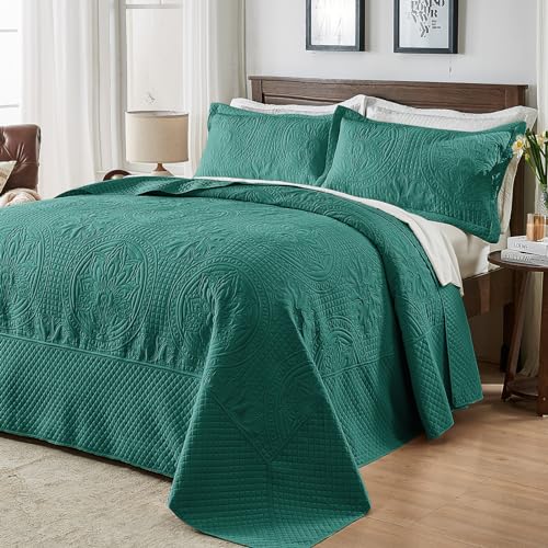 Image of Qucover Oversized King Bedspread, Teal Color King Size Bedspread Oversized, 3 Piece Lightweight California King Quilt Set, All Season Soft Microfiber Persian Pattern Quilted Comforter, 128x120