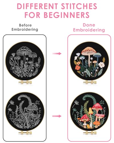 Image of TINDTOP Embroidery Kit for Adult Beginners, Embroidery DIY Starter Kit | 2 Pack with Mushroom Stamped Patterns, Hoop, Tools, Colorful Threads with Needles, Instructions
