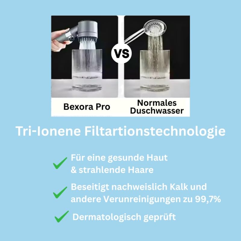 Bexora Pro Filtersystem Handbrause Duschkopf mit Schlauch, Filter, 3 Strahlarten, Wassersparend & Stoppfunktion, Reinigt Wasser