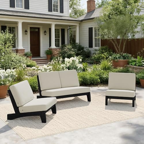 Image of Pia Ricoo 4 Piece Patio Furniture Sets, Outdoor Loveseat Sofa Set with 2 Chairs & Coffee Table, Patio Conversation Set for Backyard, Deck, Lawn, Light Camel, Dark Wood