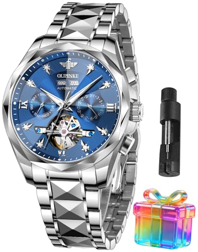 Image of OLEVS Men's Watches Automatic Skeleton Self-Winding Original Mechanical Blue Luxury Sapphire Crystal Dress Gifts Wrist Watches