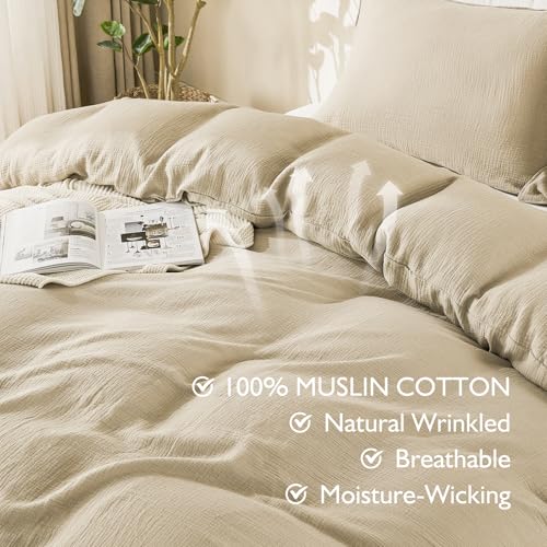 Image of EMME Muslin Cotton Duvet Cover Set Queen Size Linen Like Soft Breathable Lightweight Summer Comforter Cover Set with Zipper Closure (Queen, 90 inchx90 inch)