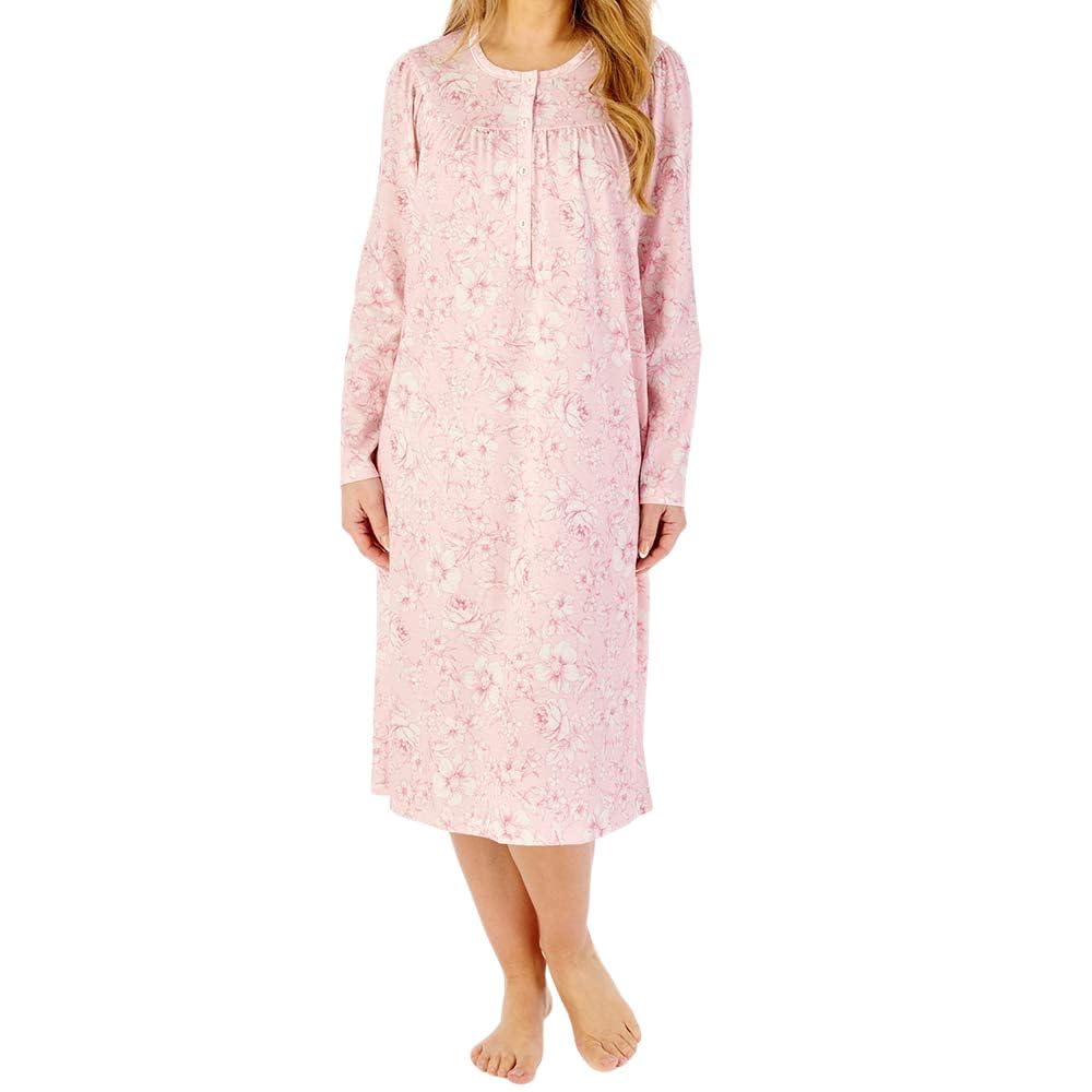 Slenderella Windflower Long Sleeve Cotton 45 Inch Nightdress (20/22, pink)