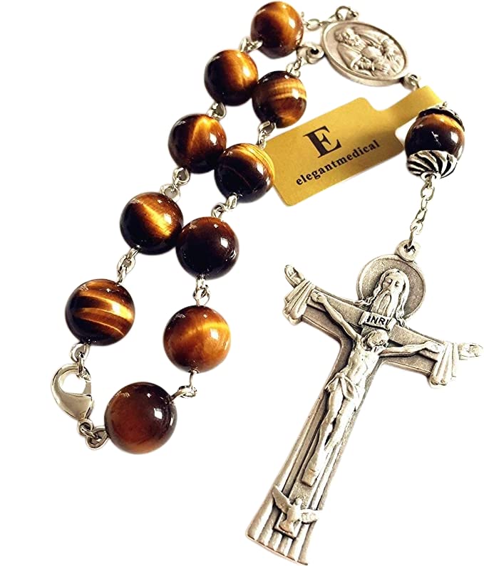 elegantmedical 10MM Tiger Eye Beads Catholic Prayer one decade rosary bracelet cross Gift & Box car rosary