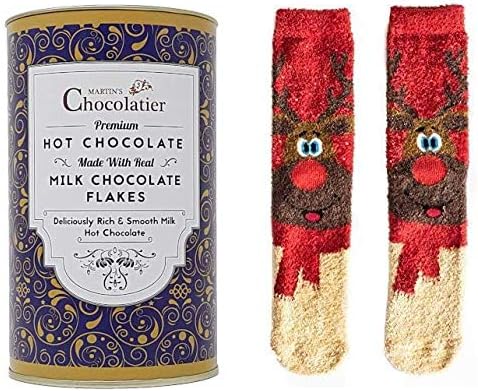 Martins Chocolatier Hot Chocolate Luxury Drinking Chocolate made from Real Belgian Chocolate Flakes (Milk Chocolate & Reindeer Socks)