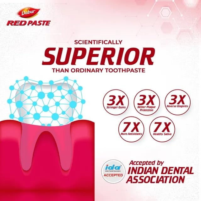 Image of Dabur Red Toothpaste - 350g (175g x2) Family Pack with Toothbrush | Fluoride Free| Helps in Bad Breath Treatment, Cavity Protection, Plaque Removal | For Whole Mouth Health| Power of 13 Potent Ayurvedic Herbs