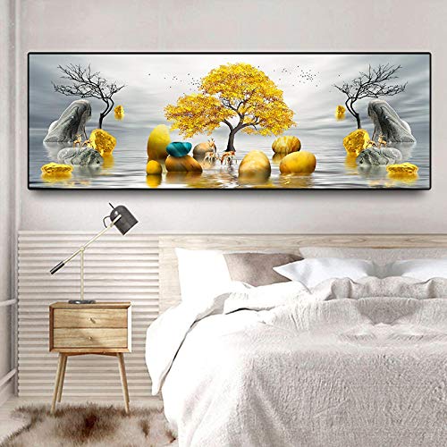 Toile arbre d'or et elk abstrait 30x90cm sans cadre pour decoration murale salon