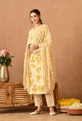 Image of Amazon Brand - Tavasya Women Cotton Anarkali Kurta Pant Dupatta Set | Printed Ethnic Suit Set | Flared Anarkali Kurta with Pant & Dupatta | Festive & Casual Wear