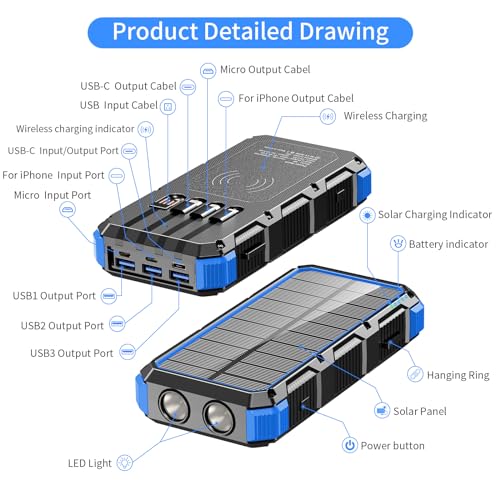 Image of Solar Charger Power Bank 49800mAh Wireless Charger QC 3.0 Fast Charging Power Bank 8 Outputs 4 Inputs Solar Portable Charger Compatible with All Mobile Devices,SOS /Strobe /Strong Flashlights (Blue)