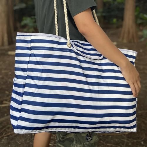 Oxford Cloth Beach Bag Open Pocket Summer Large Capacity Beach Bag Blue and White Striped Handbag2