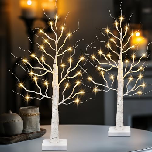 iBaycon 2 Pack 2FT Birch Tree Lights, 24 LED Battery Operated Mini Artificial Tree Lights with Timer, Tabletop Centerpieces Trees for Christmas Holiday Home Party Indoor Decorations
