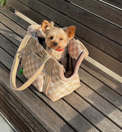 Cleverpup Transit Tote Dog Carrier for Small Dogs Under 8 lbs, 16x11x8 Soft-Sided 4-Pc Set with Waterproof Base, Plush Insert, Food Pouch, Mesh Head Opening - Small, Checkerboard - Image 6