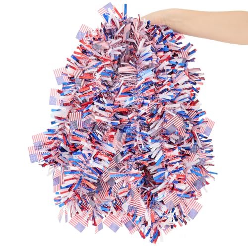 Image of 33FT 4th of July Patriotic Tinsel Garland Red White Blue Metallic Twist Foil Tinsel Garland with Flag for Memorial Day Independence Day Party Door Tree Indoor Outdoor Decoration