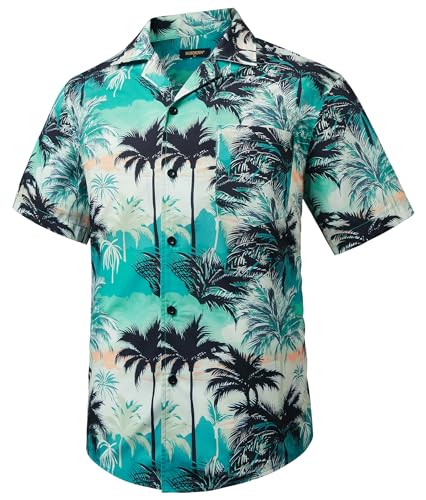HISDERN Camisas Hawaianas para Hombre Manga Corta Verano Funky Hawai Camisa de Manga Corte Norma Playa Cuello Cubano Camisa con Botones Palmera con Bolsillo Aqua L