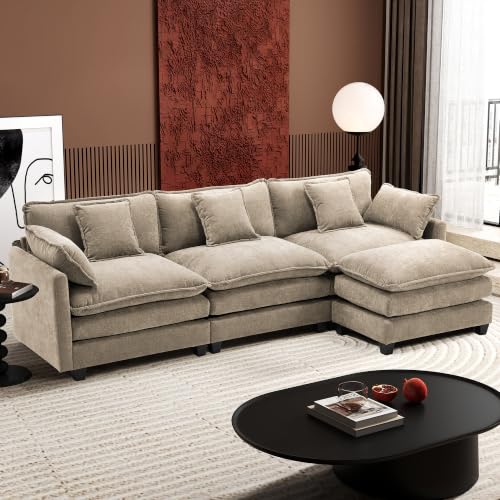 Image of Ihanherry 111.4 inch L Shaped Modern Sofa Modular Sectional Luxurious and Comfortable with Ottoman, 4-Seat Chenille Deep Seat Sofa with Pillow for Living Room, Bedroom and Apartment, Sand