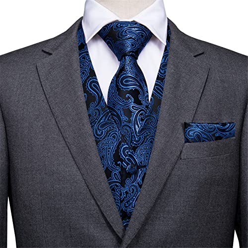 Men's Silk Vests and Tie Business Formal Dresses Slim Vest 4PC Hanky Cufflinks Suit Blue Paisley Waistcoat3