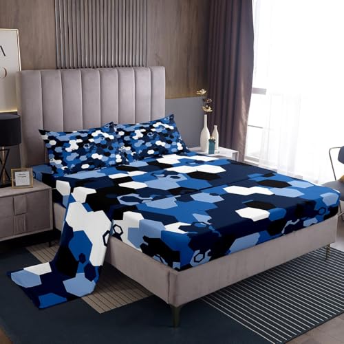 jejeloiu Deep Blue Honeycomb Fitted Sheet Full Size Modern Geometry Hexagon Theme Bed Sheets Set for Kids Boys Girls Decor Camouflage Camo Geometric Abstract Bedding Set Soft Bedroom Decor 4Pcs