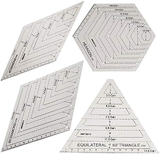 4Pcs Quilting Ruler, with 60 Degree Triangle and Diamond, 45 Degree Diamond, Hexagon Shape Templates, Transparent Patchwork Sewing Cutting Craft Ruler DIY Tools