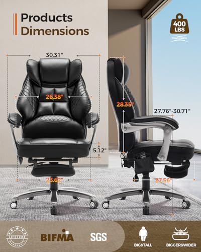 Image of Big and Tall Office Chair with Massage and Heat, 23.5 inch Wide Leather Office Chair with Back Support, Ergonomic Comfort 140 Reclining Desk Chairs Managerial Chairs for Heavy People