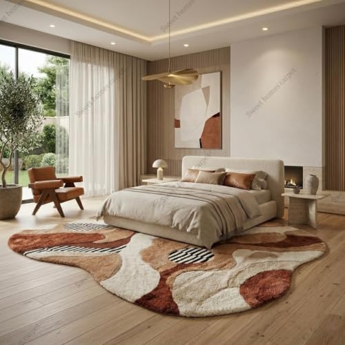 Image of SWEET HOMES Handwoven Shaggy Abstract Area Rug | Ultra Soft Plush Irregular Carpet, 10 x 12 Feet (305 x 366 cm), Brown Ivory
