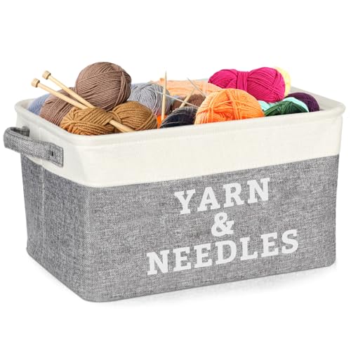 Lukeline Foldable Yarn Storage Basket - Portable Grey Knitting Organizer with Handles, Collapsible Yarn Storage Organizer Sewing Craft Basket for Needles and Crocheting Supplies, Gift for Knitters