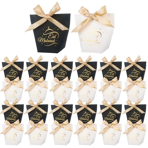 30Pack Eid Mubarak Gifts Boxes Eid Favour Boxes Small Ramadan Party Treat Bags with Ribbons for Muslim Ramadan Eid Mubarak Party Decorations Supplies