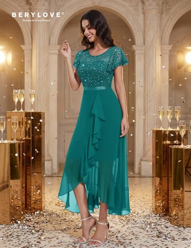 Image of BeryLove Formal Long Dresses for Women Wedding Guest Cocktail Bridesmaid | Airy Lace & Chiffon Evening Gown, Flutter Sleeve, Ideal for Mother of the Bride, Prom, Homecoming Party & Semi-Foraml Events