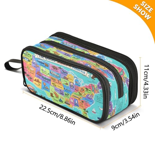 Image of ALAZA United States Map Pencil Case for Boys Girls Kids Pencil Pouch 3 Compartment Pen Bag Large Capacity Storage Pencil Holder School Students with Zipper