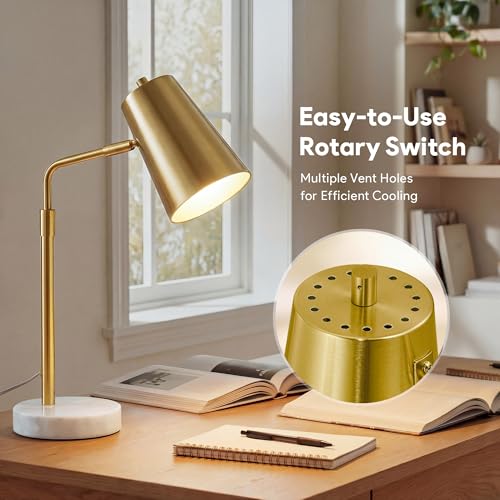 image for VONLUCE Gold Desk Lamp with LED Bulb Adjustable, Antique Brass Metal T