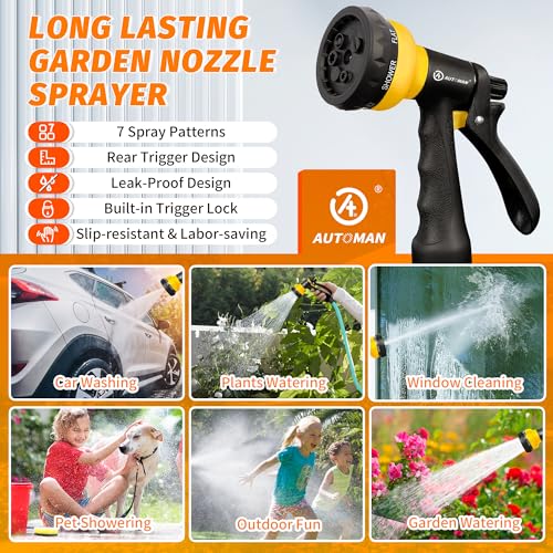Image of AUTOMAN-Garden-Hose-Nozzle, 2 Pack ABS Water Spray Nozzle with Heavy Duty 7 Adjustable Watering Patterns,Slip Resistant for Watering Plants,Lawn& Garden,Washing Cars,Cleaning,Showering Pets - Yellow