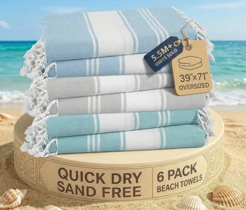 LANE LINEN Beach Towels 6 Pack, Bulk Beach Towels Oversized, Pool Towels for Adults, Pre-Washed, Sand Free Beach Towel, Fast Drying Beach Towel, 39'x71' - Classic Color