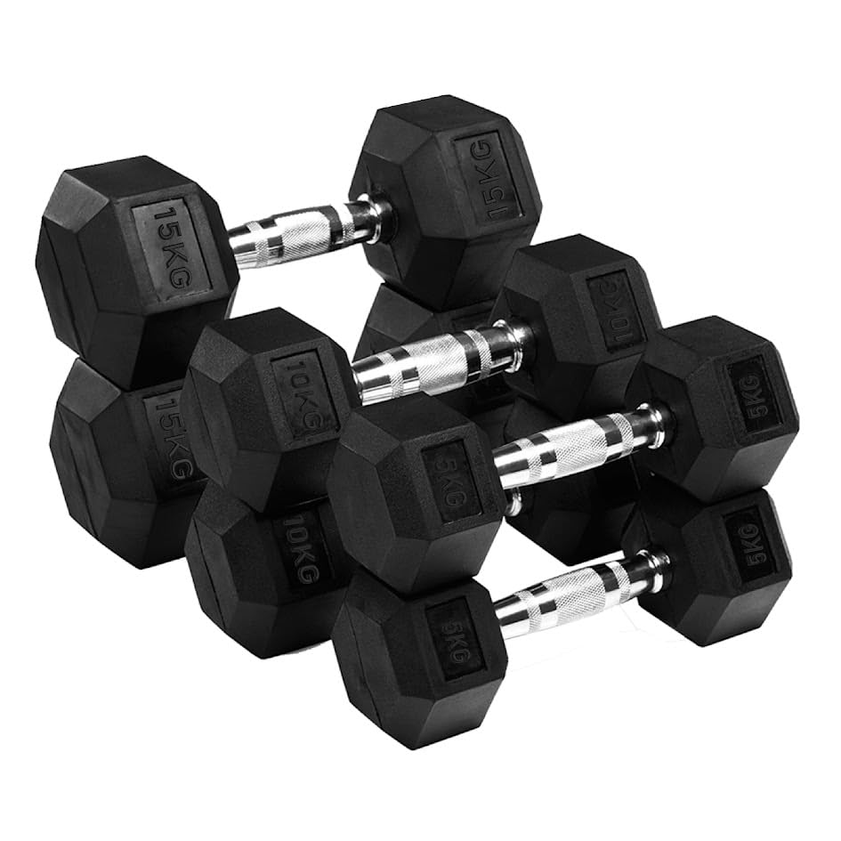 Hex Dumbbell Set 3 Pairs 2.5kg–30kg | Rubber Encased Cast Iron Weights | Strength Training for Home Gym | Optional Rack Stand (Without Rack-back, 2X(5+10+15)60Kg)