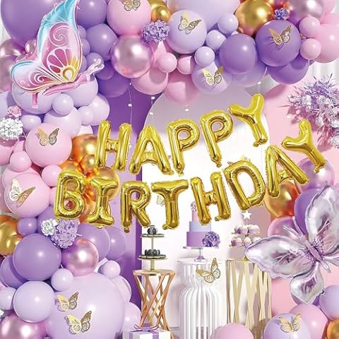 Butterfly Birthday Party Decorations，3D Gold Happy Birthday Balloon Banner, 63Pcs Purple and Pink Balloon Arch Kit for Women Birthday Party Butterfly Theme Supplies Cover