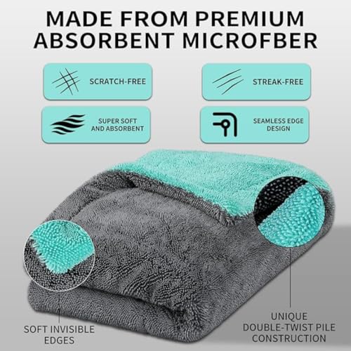 Image of 1200 GSM Microfiber Car Cleaning Cloth - Grey, Twisted Loop, Edgeless, Plush Pile Towel for Car Wash, Drying & Auto Detailing Green /Grey (Large 60cm x 40cm)