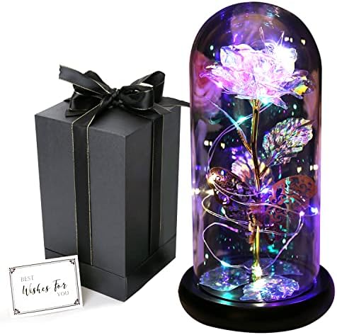 Galaxy Rose Gifts for Women, GIIFER Beauty and The Beast Rose, Rose in Glass Dome Butterfly Gifts for Mothers Day Light Up Eternal Rose for Birthday Christmas Wedding Valentine's Day (Gold)