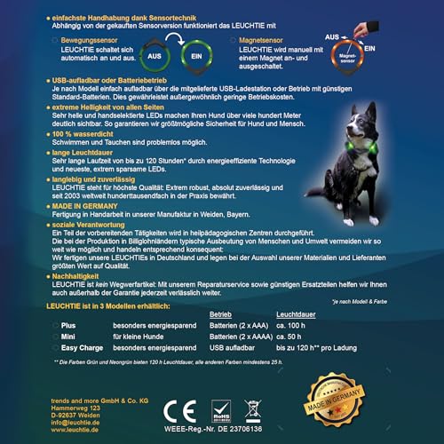LEUCHTIE® Plus Leuchthalsband Hund batteriebetrieben, wasserdichtes LED Halsband, Hundehalsband Leuchtend mit 100 h Leuchtdauer, enorm hell, Lavendel Größe 35