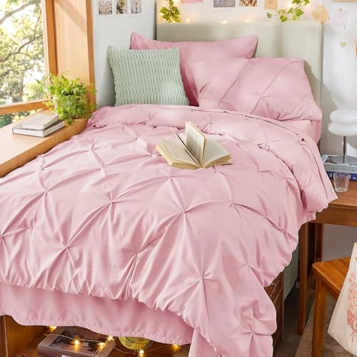 Image of Sasttie Twin Comforter Set, 5-Piece Bed in a Bag, Pintuck Bedding Sets for All Season, Includes Comforter, Flat Sheet, Fitted Sheet, Pillowcase and Pillowsham, Baby Pink